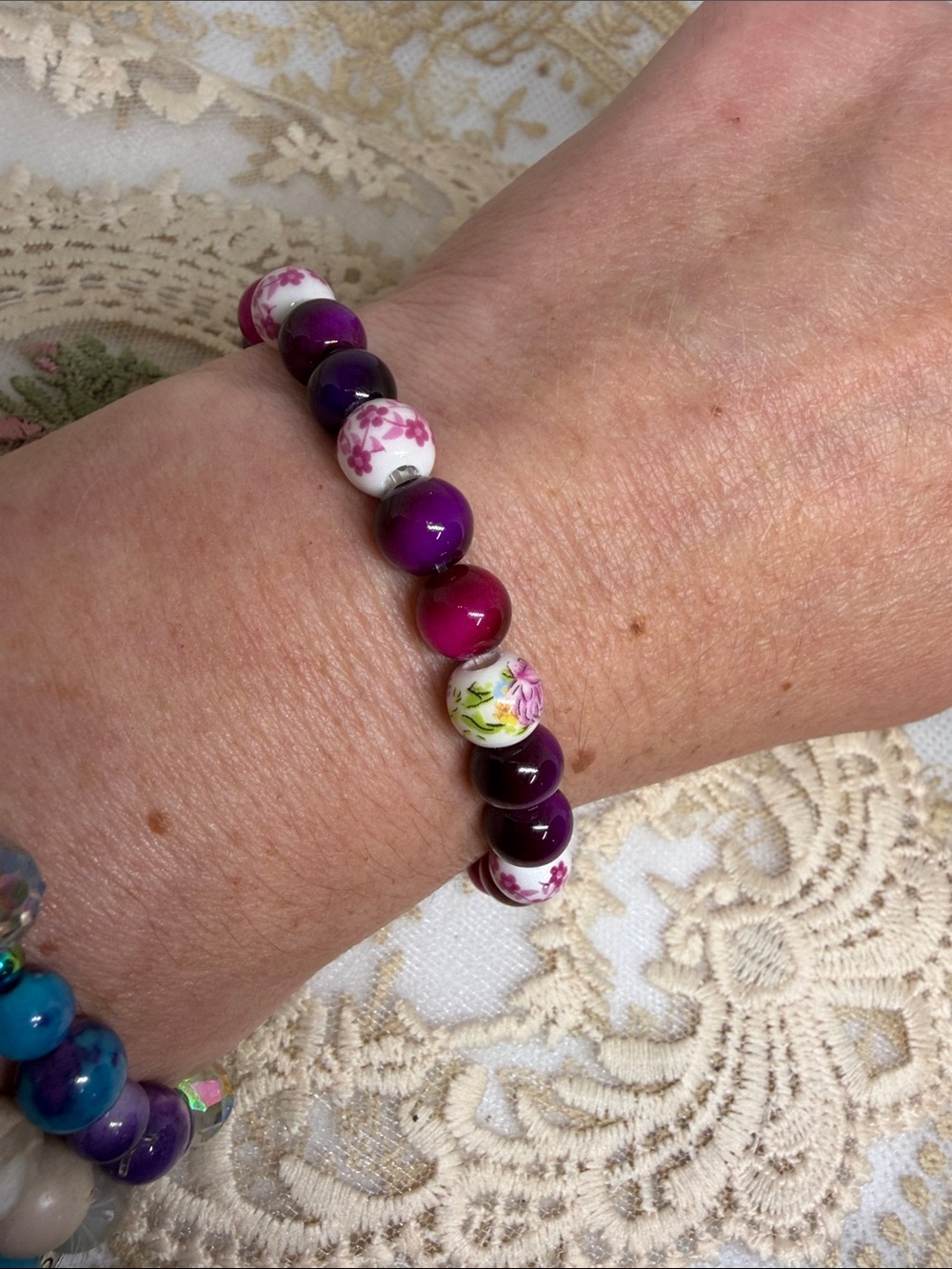 Handmade Pink Purple Tiger’s Eye Bracelet Porcelain Beads Barbiecore OOAK
